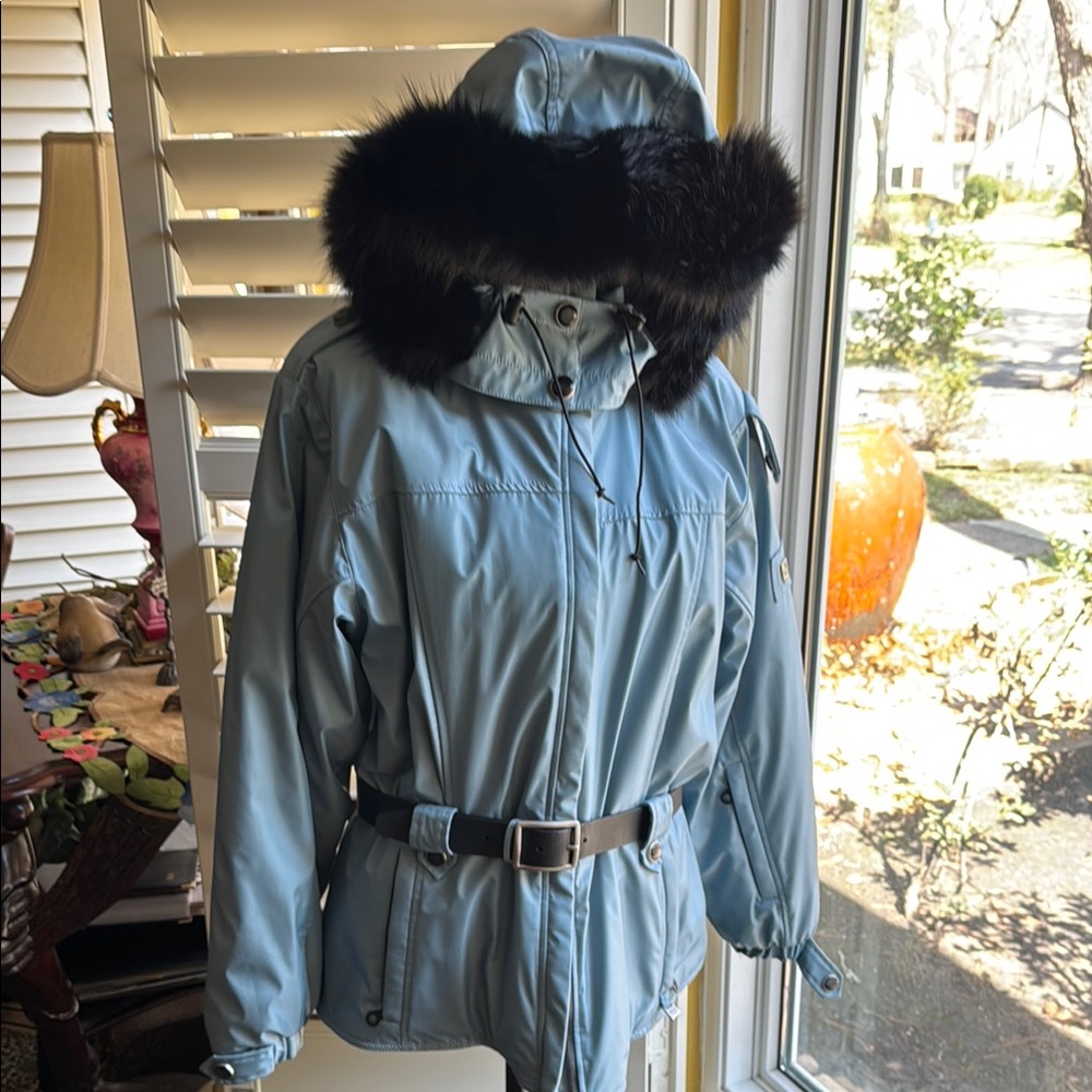Women's Blue Hooded Jacket with Fur Trim